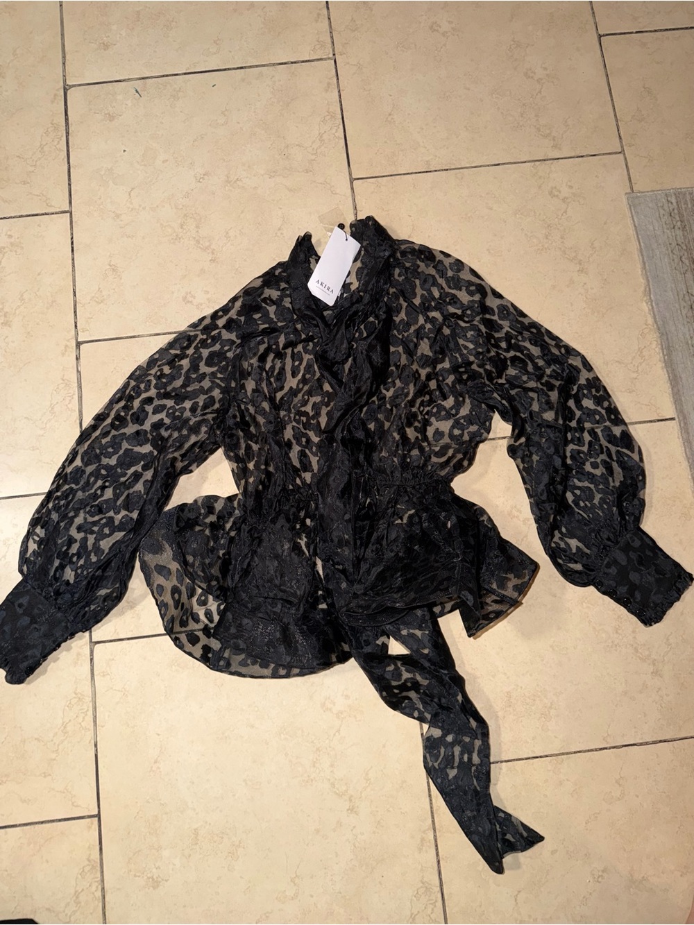 Sheer Black Leopard Print Ruffle Tie-Waist Blouse